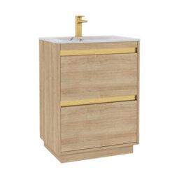 Royal Bathrooms Orion 600mm Natural Oak 2 Drawer Floor Standing Vanity Unit With Carrara White Basin & Brushed Brass Accent Trim - thumbnail 7