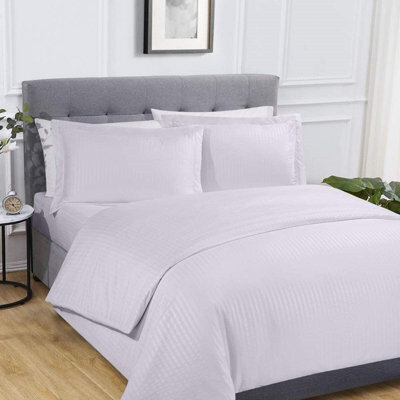 Gr8 Home Sateen Stripe Complete Duvet Cover Pillowcase Fitted Sheet Bedding Set White King Size - image 1