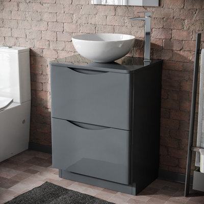 Merton 600mm Grey Bathroom Freestanding Vanity Unit & Round Ceramic Countertop - image 1