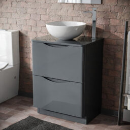 Merton 600mm Grey Bathroom Freestanding Vanity Unit & Round Ceramic Countertop - thumbnail 1