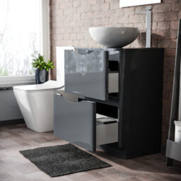 Merton 600mm Grey Bathroom Freestanding Vanity Unit & Round Ceramic Countertop - thumbnail 4