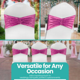 Neel Blue Pack Of 10 Velvet Chair Band Glitz Shiny Fabric Strechy Chair Band Sash, Pink - thumbnail 8