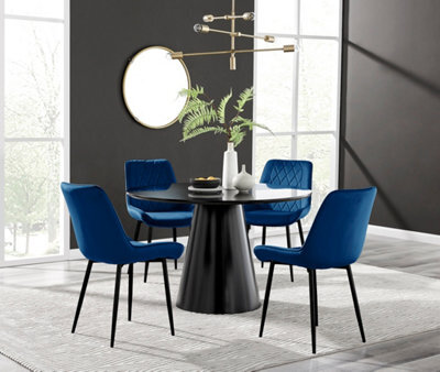 Furniturebox Palma Black Semi Gloss Round Dining Table & 4 Navy Pesaro Black Leg Chairs - image 1