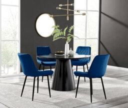 Furniturebox Palma Black Semi Gloss Round Dining Table & 4 Navy Pesaro Black Leg Chairs - thumbnail 1