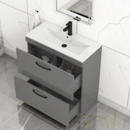 Royal Bathrooms Turin Indigo Grey Gloss 800mm Floor Standing Vanity Unit 2 Drawer With Minimalist Basin Sink & Matt Black Handles - thumbnail 5
