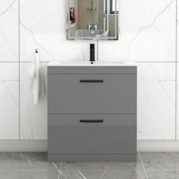 Royal Bathrooms Turin Indigo Grey Gloss 800mm Floor Standing Vanity Unit 2 Drawer With Minimalist Basin Sink & Matt Black Handles
