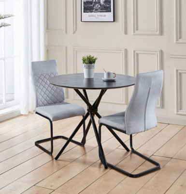 Hallowood Furniture Cullompton Small Round Black Dining Table (90Cm) With 2 Light Grey High Back Chairs - image 1