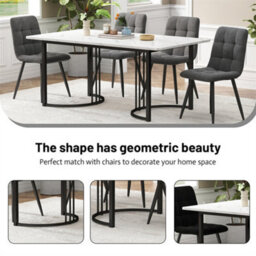 Abrihome Metal Frame Rectangular Dining Table, Modern Marble Pattern Kitchen Table With Adjustable Feet, White/black - thumbnail 8