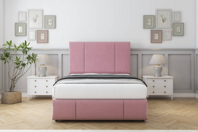 "Comfort Arya Pink Plush Divan Bed Set 2 Drawers Left Side - 26"" Strutted & 12"" Footboard 5' King" - image 1