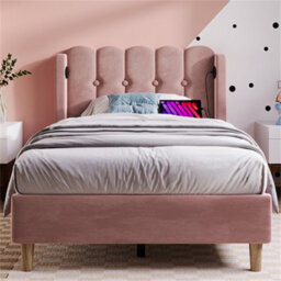 Abrihome 3Ft Double Upholstered Bed Frame (90X190Cm) With Usb/type-C Charging, Wooden Slatted Base For Bedroom, Pink, Velvet - thumbnail 9