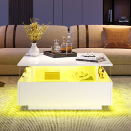 Btm White Led Coffee Table With 2 Sliding Drawers & Acrylic Glass, Square Storage Tea Table For Living Room - thumbnail 7