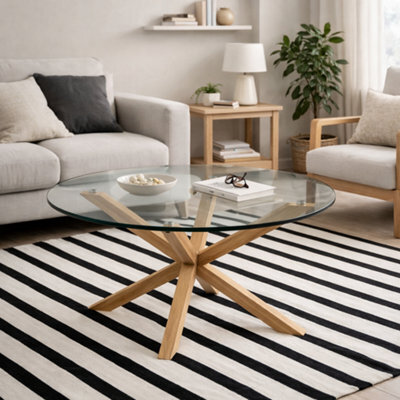 Wyld Haus Perth Smoked Glass Round Coffee Table With Oak-Effect Cross Legs, 820 X 400 mm - image 1