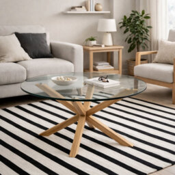 Wyld Haus Perth Smoked Glass Round Coffee Table With Oak-Effect Cross Legs, 820 X 400 mm