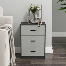 Urbn-Living Urbnliving Height 56Cm 3 Drawer Wooden Bedroom Bedside Cabinet Furniture Black Carcass And Grey Drawers Storage Nightstand - thumbnail 3
