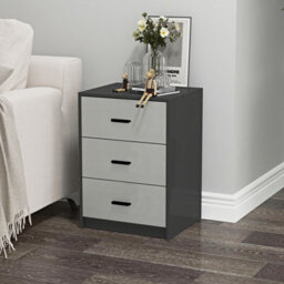 Urbn-Living Urbnliving Height 56Cm 3 Drawer Wooden Bedroom Bedside Cabinet Furniture Black Carcass And Grey Drawers Storage Nightstand - thumbnail 2