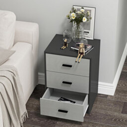 Urbn-Living Urbnliving Height 56Cm 3 Drawer Wooden Bedroom Bedside Cabinet Furniture Black Carcass And Grey Drawers Storage Nightstand - thumbnail 4