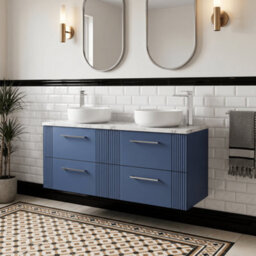 Balterley Belvide Partial Fluted 4 Drawer Wall Hung Vanity Unit With Carrera Marble Laminate Worktop - 1200mm - Satin Blue - thumbnail 4