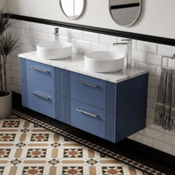 Balterley Belvide Partial Fluted 4 Drawer Wall Hung Vanity Unit With Carrera Marble Laminate Worktop - 1200mm - Satin Blue - thumbnail 3