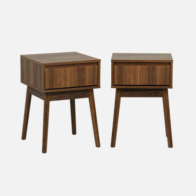 Sweeek - Wood Decor One Drawer Bedside Table (Set Of 2) Linear Walnut 39X39X55.4 Cm - image 1