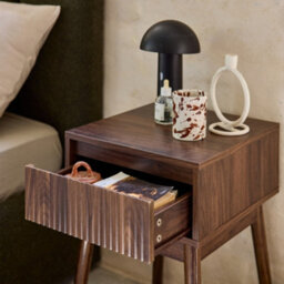 Sweeek - Wood Decor One Drawer Bedside Table (Set Of 2) Linear Walnut 39X39X55.4 Cm - thumbnail 4