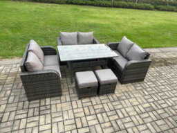 Fimous 8 Seater Outdoor Rattan Garden Furniture Set With Patio Rectangular Dining Table Love Sofa 2 Small Footstools - thumbnail 2