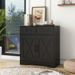 2 Doors 2 Drawers / Black Storage Console Cabinet With Wooden Top Farmhouse Sideboard - thumbnail 4