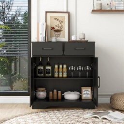 2 Doors 2 Drawers / Black Storage Console Cabinet With Wooden Top Farmhouse Sideboard - thumbnail 5