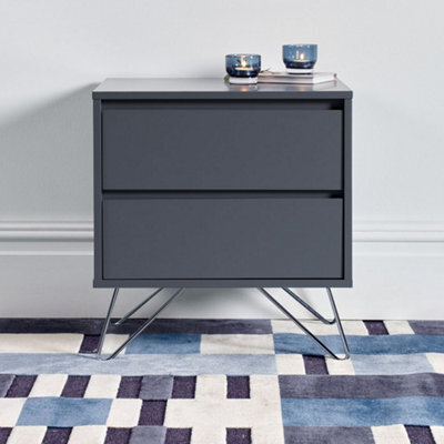 Modern Sofia 2 Drawer Steel Grey Bedside Table With Stainless Steel Feet - image 1
