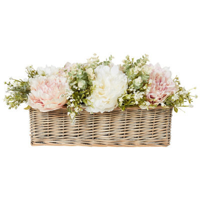 Deenz Artificial Peony Arrangement Faux Flowers In Rustic Style Plastic Rectangle Basket Decorative Indoor Display 50 X 30 X 25 Cm - image 1
