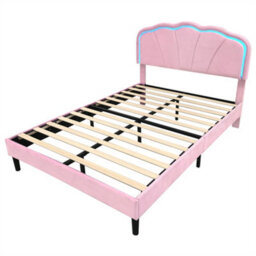 Abrihome 4Ft6 Double Upholstered Bed With Led Adjustable Shell Shape Headboard, With Solid Wood Slat, Pink (No Mattress) - thumbnail 8