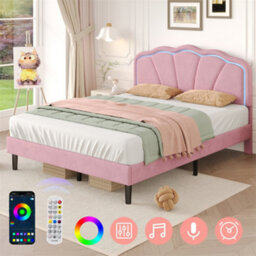 Abrihome 4Ft6 Double Upholstered Bed With Led Adjustable Shell Shape Headboard, With Solid Wood Slat, Pink (No Mattress) - thumbnail 4