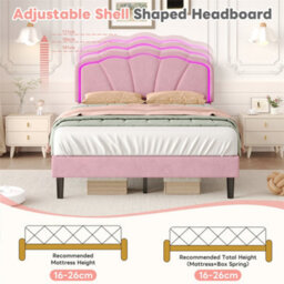 Abrihome 4Ft6 Double Upholstered Bed With Led Adjustable Shell Shape Headboard, With Solid Wood Slat, Pink (No Mattress) - thumbnail 3