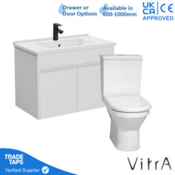 Vitra 800mm Wall Hung Bathroom Vanity Unit With 2 Doors Includes Basin, Black Tap And Close Coupled Toilet Set - White Gloss - thumbnail 1