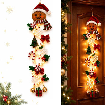 Amorly 60Cm Glowing Christmas Door Hanger, Rustic Quilted Fabric Wreath, Light Up Christmas Decoration, Vertical Display(Gingerbread Man) - image 1