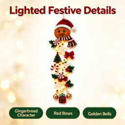 Amorly 60Cm Glowing Christmas Door Hanger, Rustic Quilted Fabric Wreath, Light Up Christmas Decoration, Vertical Display(Gingerbread Man) - thumbnail 6