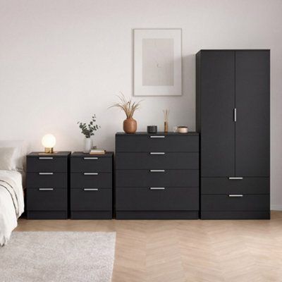 Lassic Vida Designs Trega 4 Piece Bedroom Set (3 Drawer Bedside Chest X2, 4 Drawer Chest, 2 Door 2 Drawer Wardrobe) Black - image 1
