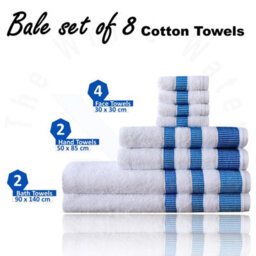 TheWhiteWater Limited 8 Pieces Towel Set With 4 Face Towel 2 Hand Towels And 2 Bath 100% Pure Natural Cotton Bale Set Of Towels - White (Blue La Border) - thumbnail 5