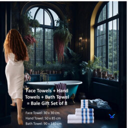 TheWhiteWater Limited 8 Pieces Towel Set With 4 Face Towel 2 Hand Towels And 2 Bath 100% Pure Natural Cotton Bale Set Of Towels - White (Blue La Border) - thumbnail 6