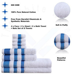 TheWhiteWater Limited 8 Pieces Towel Set With 4 Face Towel 2 Hand Towels And 2 Bath 100% Pure Natural Cotton Bale Set Of Towels - White (Blue La Border) - thumbnail 3