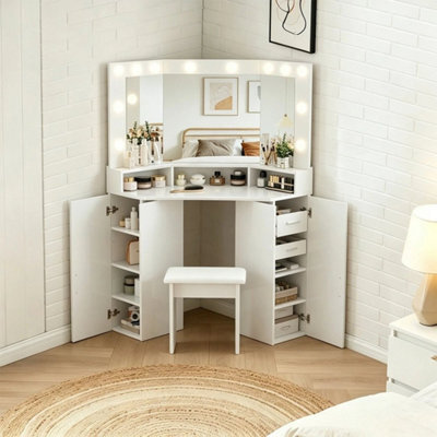 Dressing Table Corner Vanity Makeup Desk Stool Mirror Drawers Bedroom White Home - image 1