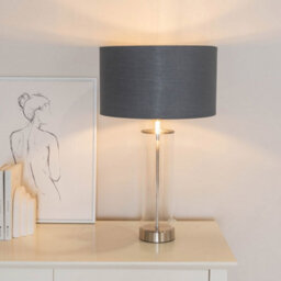 Valuelights Balan Glass With Chrome Table Lamp And Charcoal With Metallic Chrome Inner Lamp Shade And Led Bulb