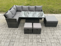 Fimous Wicker Pe Outdoor Rattan Garden Furniture Set Height Adjustable Rising Lifting Table Sofa Dining Set With 3 Footstools - thumbnail 2