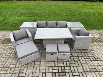 Fimous Rattan Outdoor Garden Funiture Set Height Adjustable Rising Lifting Table Sofa Dining Set With 2 Armchairs - image 1