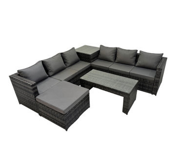 Fimous Garden Rattan Outdoor Furniture Set 7 Seater Patio Corner Sofa Oblong Coffee Table With Big Stool Side Table Dark Grey - image 1