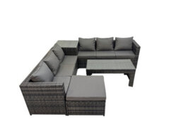 Fimous Garden Rattan Outdoor Furniture Set 7 Seater Patio Corner Sofa Oblong Coffee Table With Big Stool Side Table Dark Grey - thumbnail 2