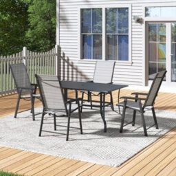 Thehotsale 150Cm L Garden Metal Slatted Coffee Table With Four Foldable Chairs Rectangle Table In Black - thumbnail 2
