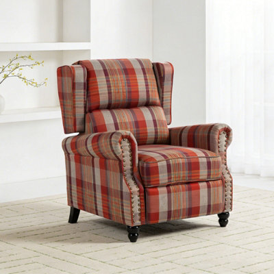 Living And Home Elegant Red Plaid Wingback Recliner Armchair With Footrest, 87.5Cm W X 86Cm D X 105.5Cm H - image 1