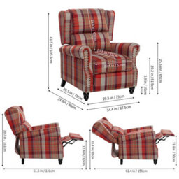 Living And Home Elegant Red Plaid Wingback Recliner Armchair With Footrest, 87.5Cm W X 86Cm D X 105.5Cm H - thumbnail 6