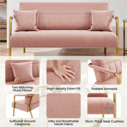 Yaheetech Pink Upholstered Sofa Couch With 2 Pillows And Gold-Tone Metal Arms - thumbnail 4