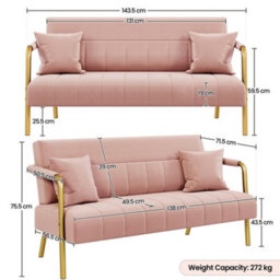 Yaheetech Pink Upholstered Sofa Couch With 2 Pillows And Gold-Tone Metal Arms - thumbnail 3